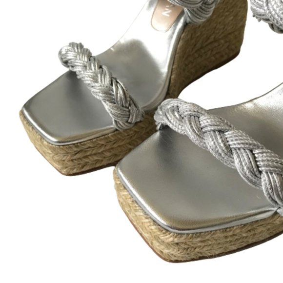 NWOB Stuart Weitzman Braida Espadrille Wedge Sandals Womens 11 Metallic Silver - Picture 7 of 15